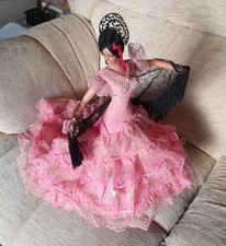 Vintage Spanish Doll Flamenco  Pink Gold Dress Black Shawl 19" Earrings Cross