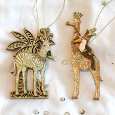 Gold Glitter Wild animal Ella James Zebra and Giraffe Toucan christmas ornaments