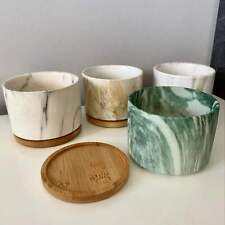 Round Ceramic Marble Effect Succulent Planters With Bamboo Coaster Plant Pot