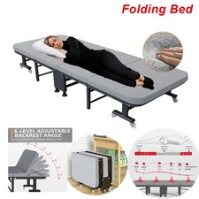 Portable Folding Bed Sofa with Mattress Adjustable Backrest Metal Frame Wheel