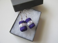 Cute Miniature Craft I Love Knitting Purple Wool Charm Earrings - Handmade in UK