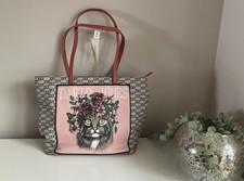 TkMaxx David Jones Over The Shoulder / Tote Bag w Handles Cat Face w Floral Head