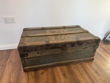 Large Metal Bound Wooden Military Zinc Lined Trunk Chest Storage Coffee Table 