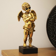 Gold Cool Cherub Ornament Resin Black Square Base Standing Angel Novelty Statue