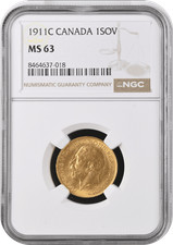 1911 Canada Gold Sovereign Ottawa Mint NGC AU63