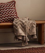 NEW M&S Pure Cotton Patterned Tassel Light Grey Throw 130 cm x 170 cm