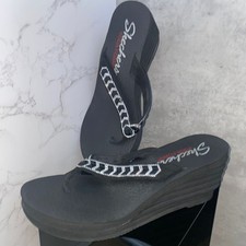 Skechers Yoga Foam Wedge Sandals Black Rhinestone Flip Flops UK 6