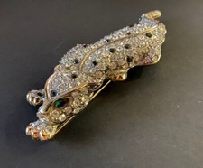 Vintage Ciro Leopard Brooch,gold plate,diamanté & black crystal with green eyes