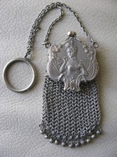 Antique Chatelaine Silver Art Nouveau Woman Jewel Frame Tassel Mesh Coin Purse