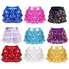 Girls Sparkly Dance Skirt Sequins Tiered Ruffle Mini Skorts Jazz Hip Hop Shorts