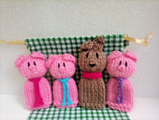 Three Little Pigs and the Big Bad Wolf - 4 Hand Knitted Finger Puppets  - NEW