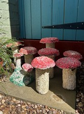Vintage Collection of 8 Mid Century Kitsch Concrete Garden Ornament Toadstools