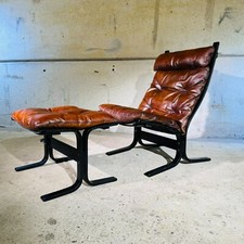 Vintage 70s Westnofa Highback Tan Leather Chair & Footstool Ebonised Beech #A363