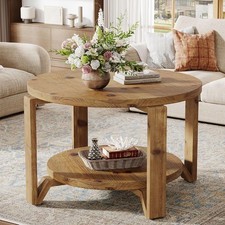 Solid Wood Round Coffee Table, 2-Tier Farmhouse Circle Center Accent Table,Brown