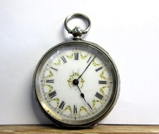 Antique SOLID SILVER CASED Ladies ENAMELLED SWISS FOB WATCH #2