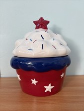 Patriotic Cupcake Ceramic Cookie Jar – Red White Blue Kitchen Decor