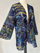 Dreamkeeper Blue Yellow Devore Velvet Bead Waterfall Kimono Cardigan Jacket L XL