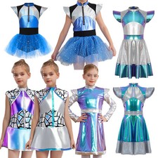 Girls Metallic Halloween Alien Outfits Space Man Robot Role Play Fancy Dresses