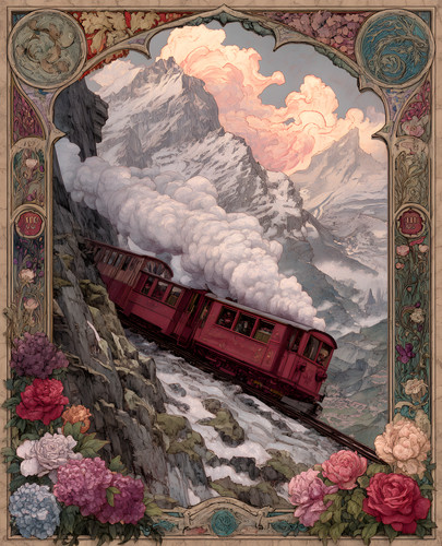 8x10 red mountain train - red,