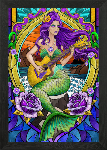 Stained glass mermaid playing - glass,