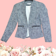 2 x H&M SIZE 6 BLAZER JACKET TWEED BOUCLE NAVY WHITE WORK BUSINESS FORMAL SMART