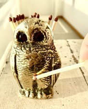 Antique Novelty Brass Owl Vesta Case Table Top Match Holder Glass Holder Quirky