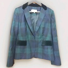 Hobbs Green Navy Plaid Blazer Jacket Black Velvet Collar Pockets | Womens UK 12