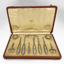ANTIQUE FRENCH CHERUBS MANICURE SET 950 GRADE SILVER GILT JANUARY QUERCIA c1920