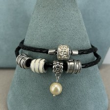 Rhona Sutton charm bracelet 925 sterling silver double black braided leather 