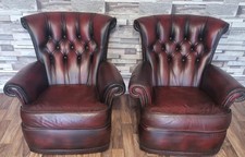 2 antique ox blood red leather chesterfield high back chairs 