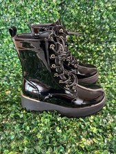 NEW SEASON ON TREND BLACK PATENT WITH GOLD ACCENTS EYELETS HEEL CLIP LACE UP ZIP