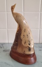 Vintage Carved Water Buffalo Horn Peacock Art Sulpture 10”