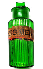 Antique Green Glass Chemist Bottle with Label. only 5 1/4 inches high.