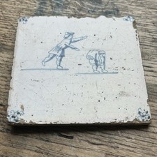 Antique 17th century Dutch Delft Ceramic tile blue white tin glazed children 