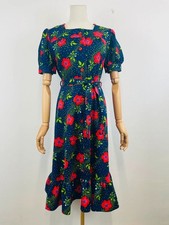 Vintage 70s Navy Green Red Floral Print Puff Sleeve Tie Belt Dress 12