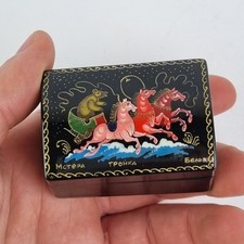 Signed Russian Lacquer Ware Box Chariot Horses Troika With Bear Fairy Tale