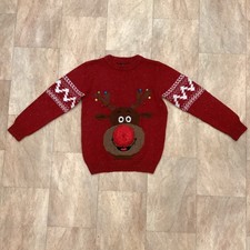 Next Kids Red Knitted Christmas Jumper Rudolph Reindeer Pom Pom Age 7 Years