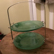 Vintage Art Deco Green Glass Cake Stand Two Tier Chrome Tone Handle Swirly Glass