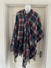 Navy Plaid Tartan Wrap Poncho Cape Shawl One Size Cosy Knit