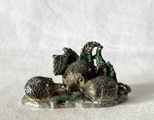 Vintage Enamelled Pewter Metal Hedgehog Family Ornament