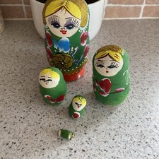 Hand Painted Vintage Russian Stacking Dolls  set of 5 floral green glitter