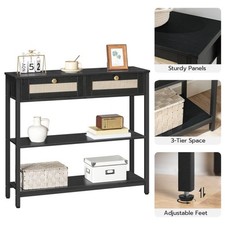 Black Console Table Narrow Wooden Hallway Table with Drawer 2 Storage Shelves