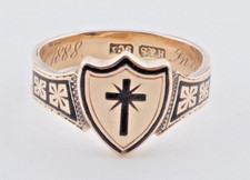 ANTIQUE VICTORIAN 9ct SOLID ROSE GOLD ENAMEL MOURNING SHIELD RING 1888 Siz O 1/2