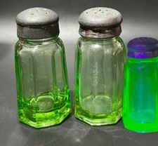 Hazel-Atlas Salt  Pepper Shakers Paneled w Lids Vaseline Glass Small