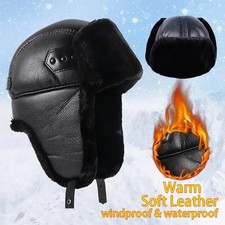 2025 Winter PU Leather Trapper Hat for Men Warm Fur Aviator Bomber Earflap Cap