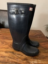 WOMENS HUNTER NAVY BLUE WELLINGTON BOOTS UK 5 ORIGINAL TALL CASUAL BUCKLE VGC