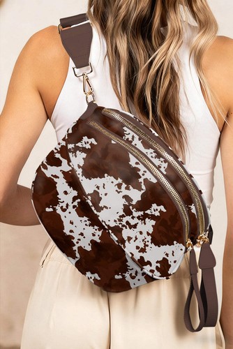Cow print double zip crescent - cow,