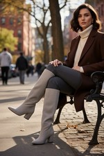 Cream Faux Suede Knee High Boots Pointed Toe Block Heel