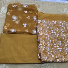 Unstitched BAREEZE` Mustard Embroidered 3 Piece Cotton Suit with Chiffon Dupatta