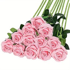 12x Artificial Single Rose Bud With Stem Silk Flowers Fake Bouquet Wedding Party